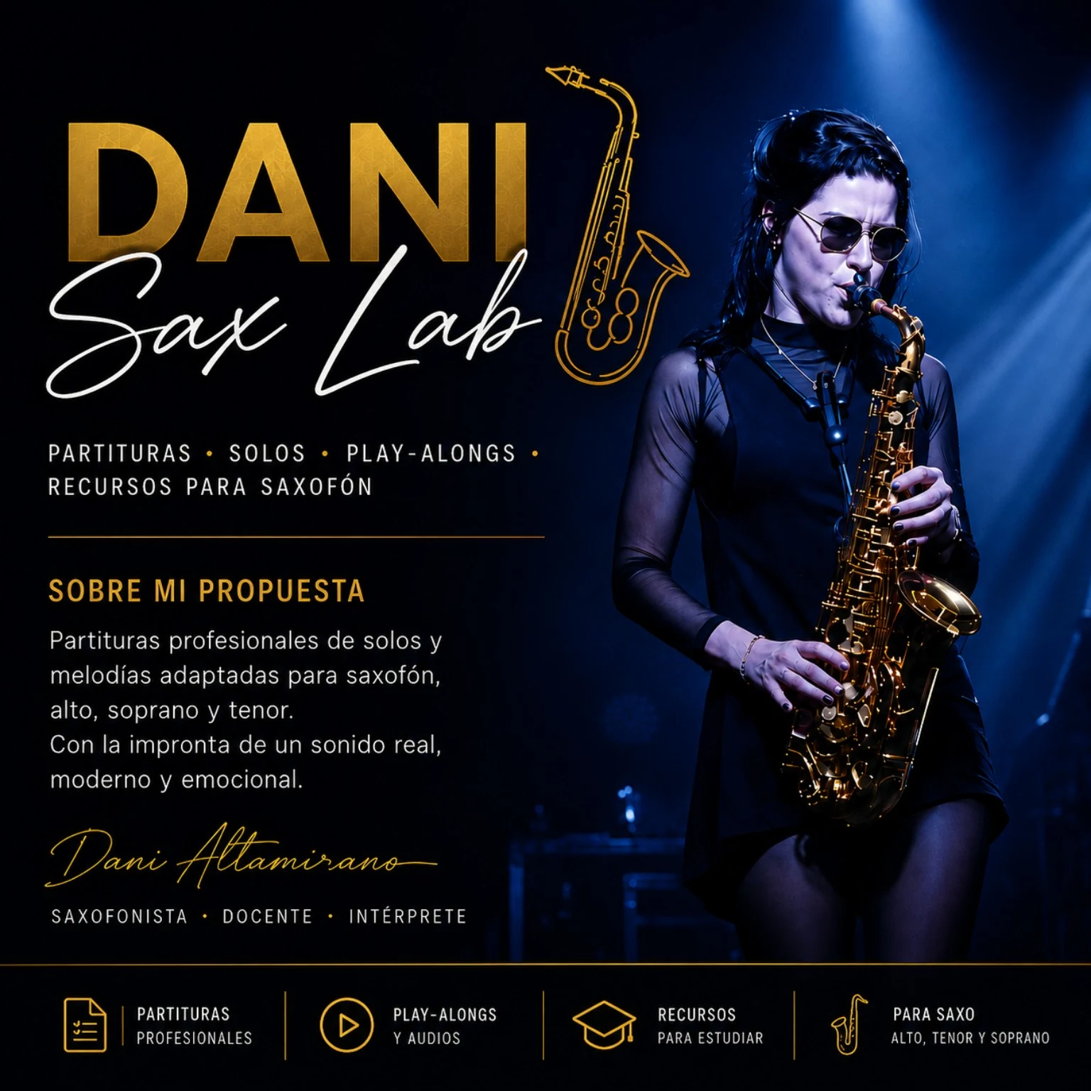 Dani interpretando el saxofón en escena
